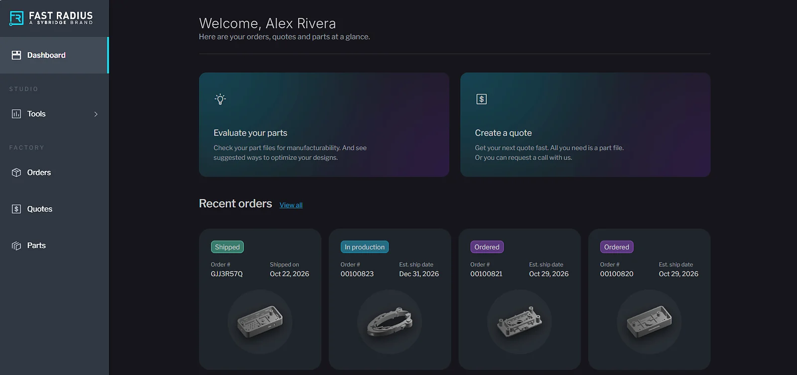 The portal dashboard: Evaluate your parts and Create a quote shortcuts, with recent orders and their status