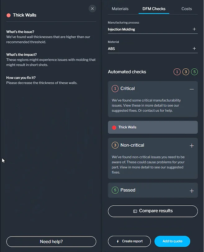 DFM issue panel with what the issue is, its impact, how to fix it, and a Need help button