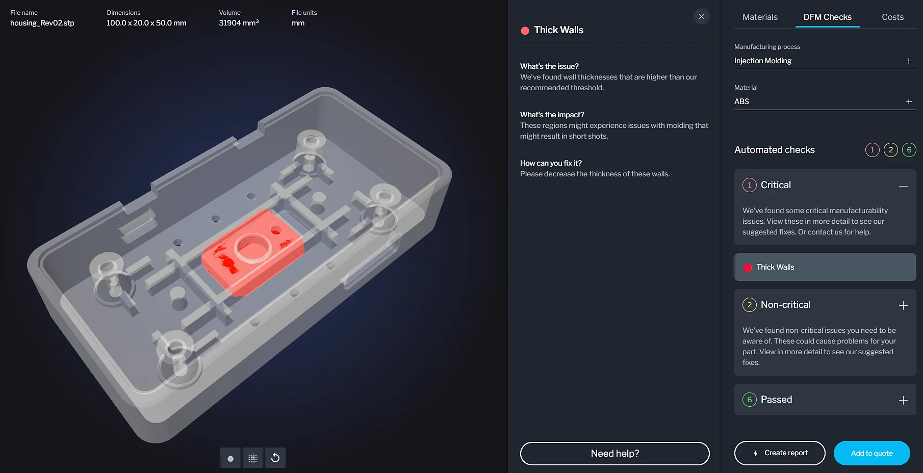 DFM checks on a 3D housing: a critical Thick Walls issue highlighted, with its impact and fix