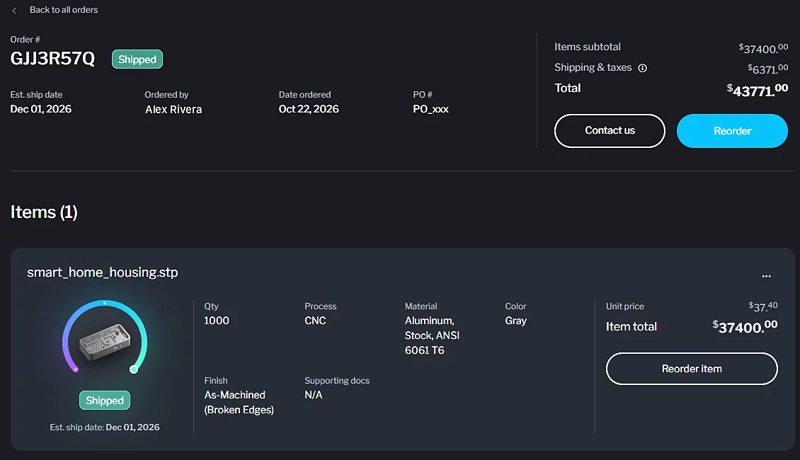 Order details with a Reorder item button for each part
