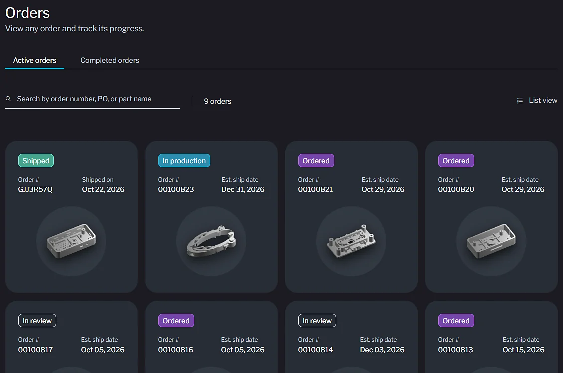 Orders list with active and completed tabs and order status cards