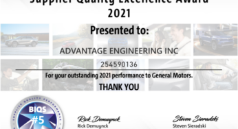Advantage Engineering Awarded GM’s Supplier Quality Excellence Award 2021